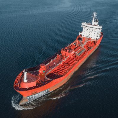 Aerial view of oil tanker floating in the sea
